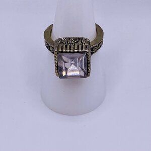 Vintage Style Statement Ring Antique Gold Clear Faceted Stone Chunky Etched Band